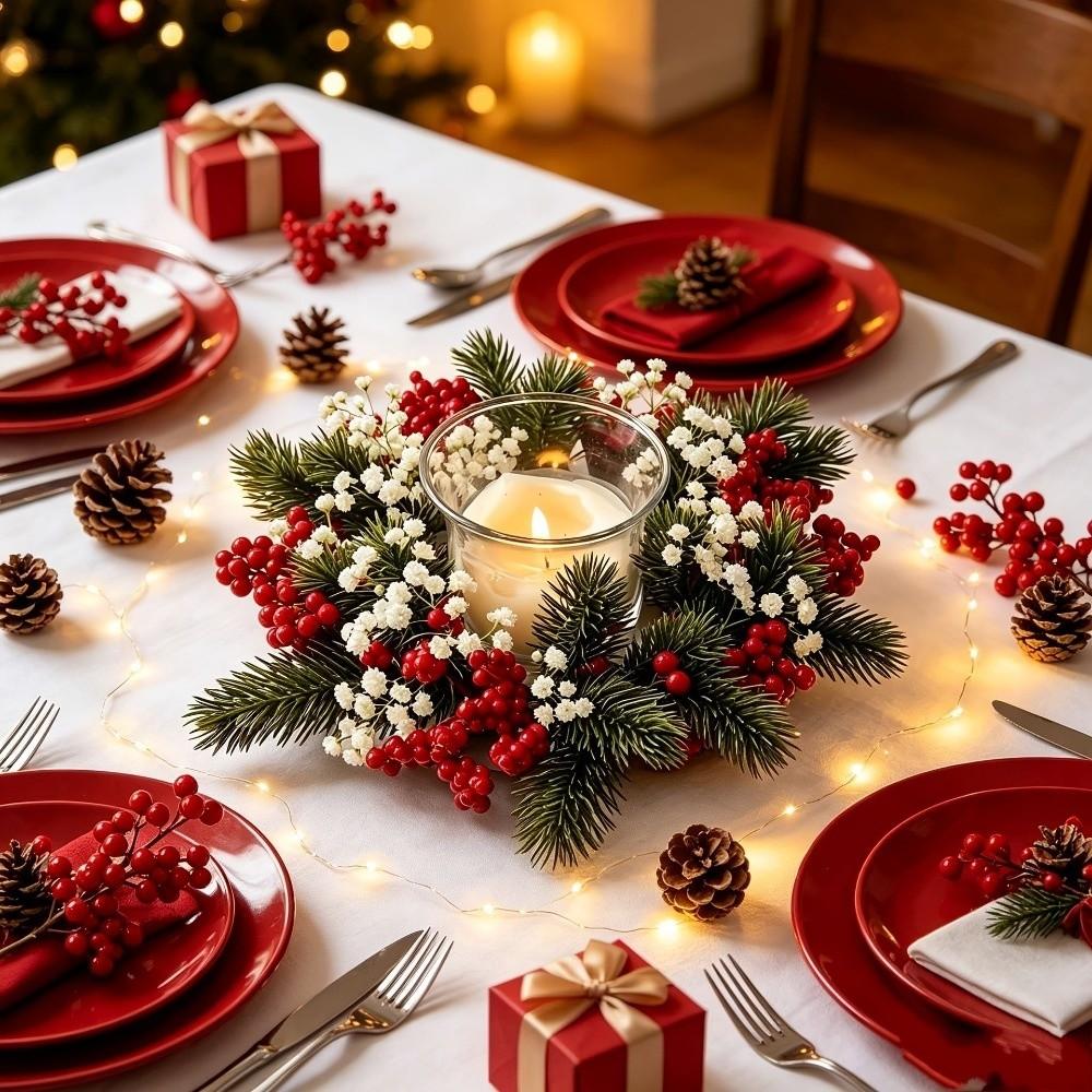 Red Berry Christmas Wreath Candlestick Flower Pillar Candlestick Wreath Candle Holder  Home Decor