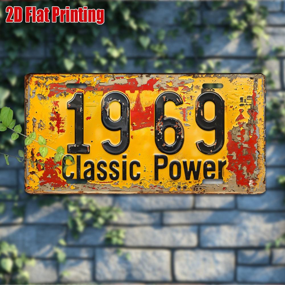 11.8x5.9" 2D Flat Vintage 1969 Classic Power Metal License Plate - Rustic Yellow Aluminum Wall Art with Black Numbers