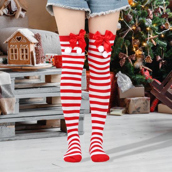 1 Pair Christmas Stockings Colorblock Striped Retro Bright Color Bow Decor Anti-slip Skinny Performances