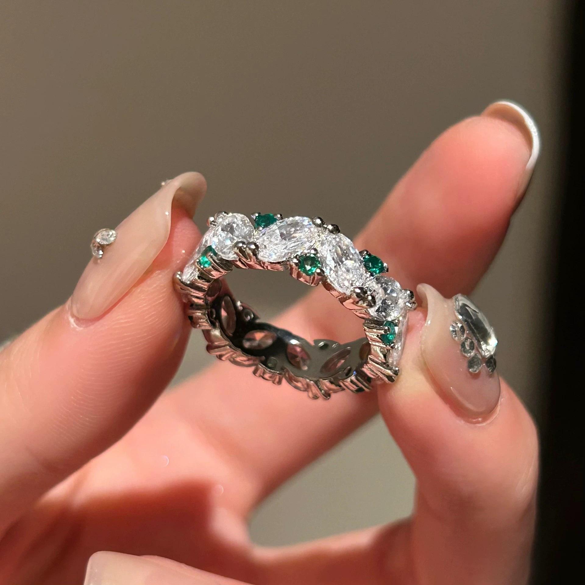 2026 French Inlaid Horse s Eye Rhombus Light Luxury Row Diamond Ring Women s High Carbon Diamond Green Diamond Red Corundum Medieval Sea Blue Resizable