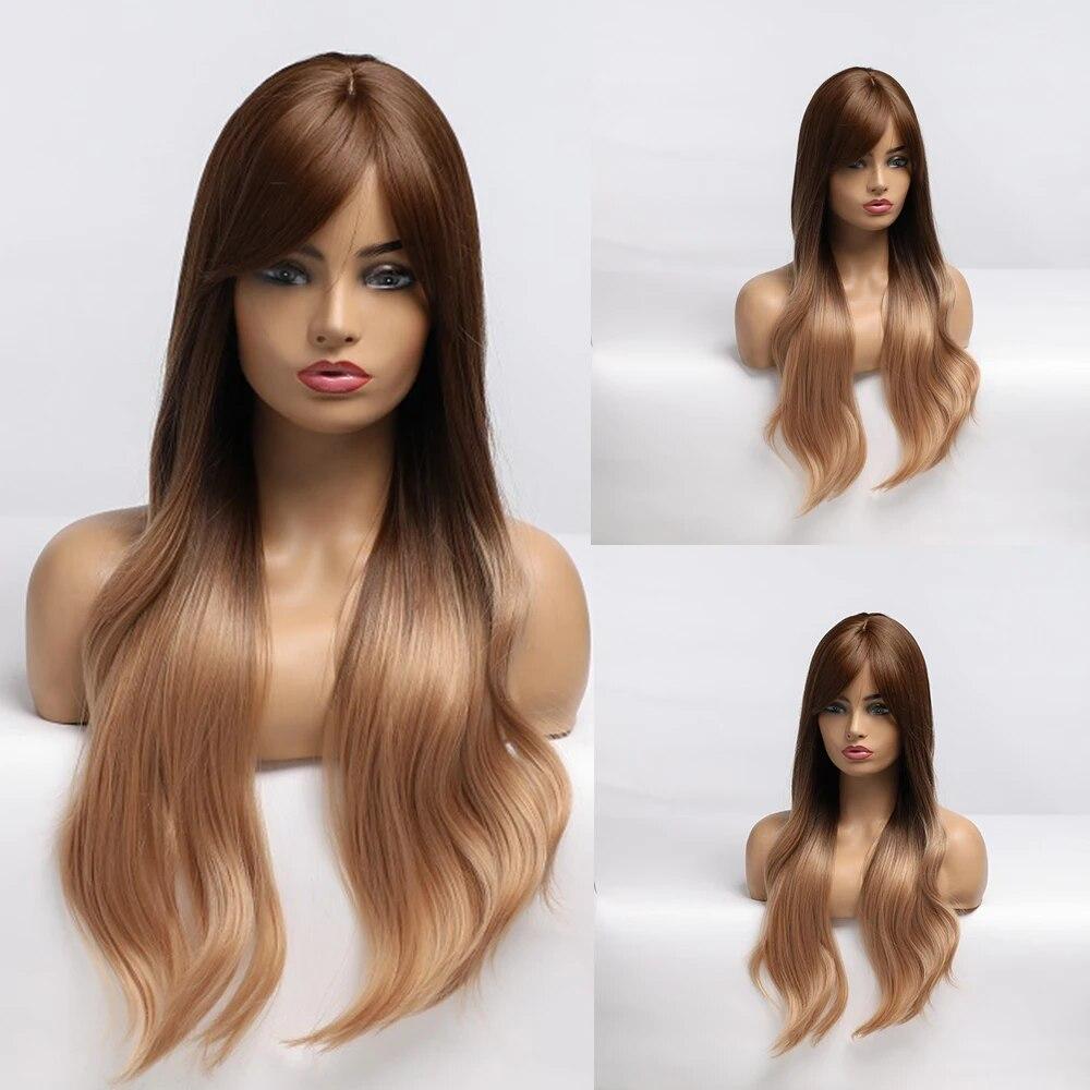 Long Wave Synthetic Wigs Ombre Black Blonde Wig with Side Bangs Heat Resistant Fiber Daily Party Hair Cosplay Wigs for Women