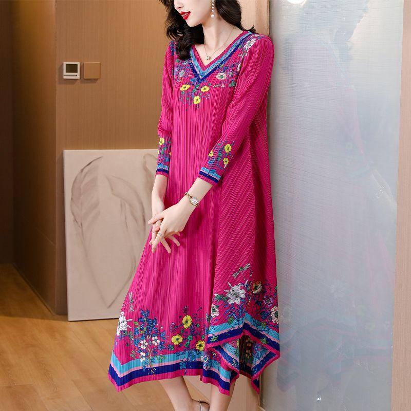 Women's Plus Size Dress Vintage Print Dress Ethnic Style Spring Summer A-line Pleated Stretch Maxi Dress