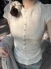 Spice Girl Henry Collar Button Shoulder T-Shirt Women's Summer Waist Skinny Top Versatile Solid Color Short Sleeves