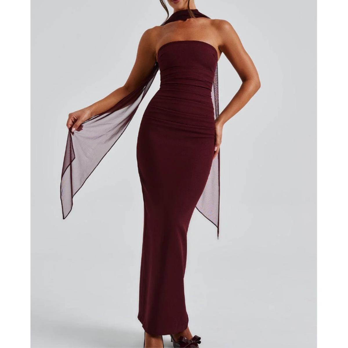 Women s Strapless Sleeveless Maxi Dress Fitted High Waist Elegant Solid Mermaid Evening Dress With Neck Scarf S