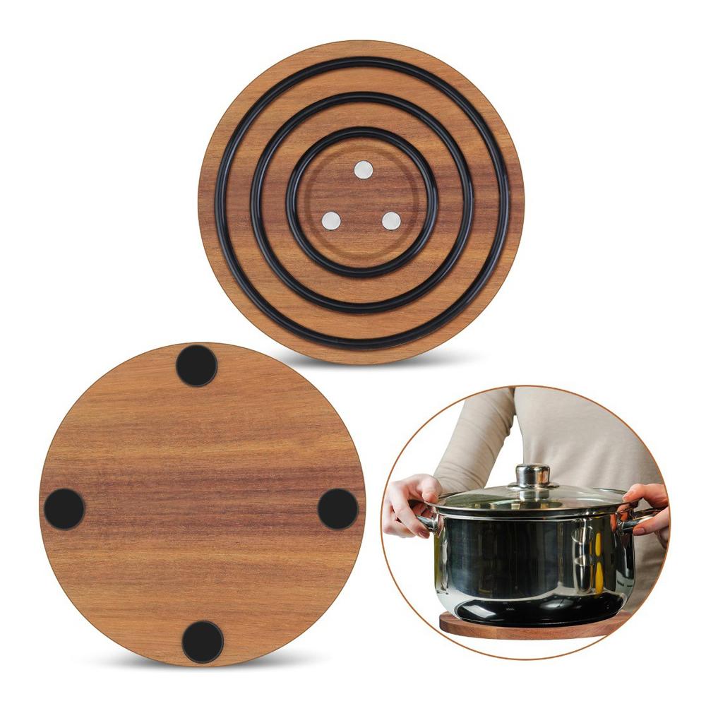 Round Acacia Wood Heat Insulation And Anti-Slip Pot Pad, Black Silicone Ring Magnetic Heating Pot, Bowl And Plate Anti-Scald Pad