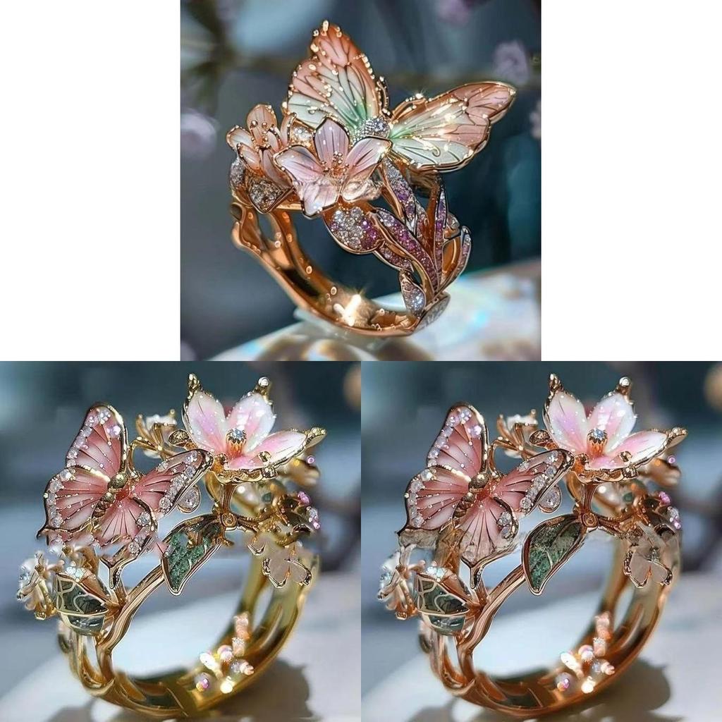 Anello aperto a forma di farfalla e fiore in lega alla moda con strass incastonati per donna