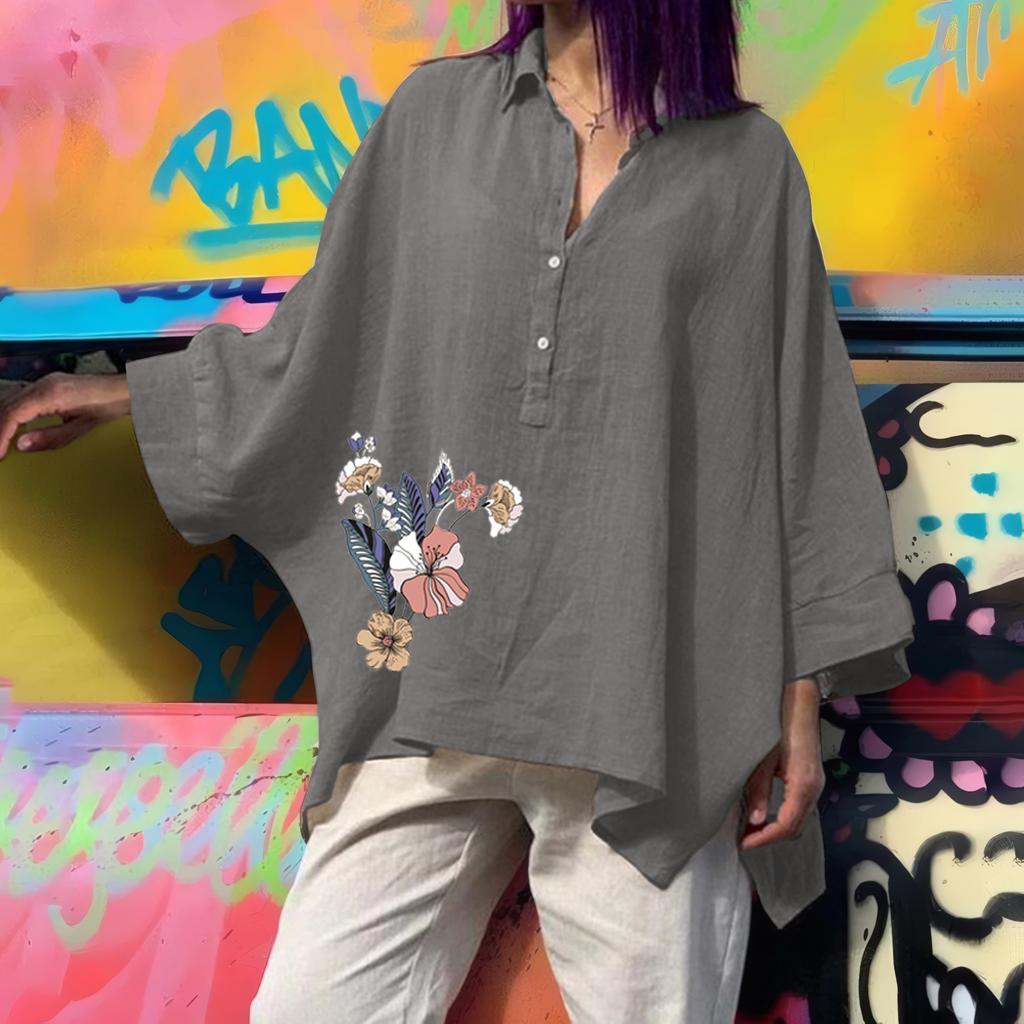 Women's Printed Morning Glory Loose Cotton and Linen Blouse Casual Women's Plus Size Women's Clothing