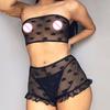 Women Erotic See Through Heart Print Underwear Set Tube Top Lace Micro Shorts