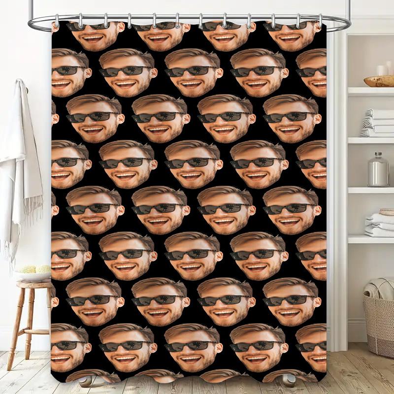 Shower Curtain Featuring Funny Faces Pattern With Name Or Photo For Bathroom Decor Modern Printing Black