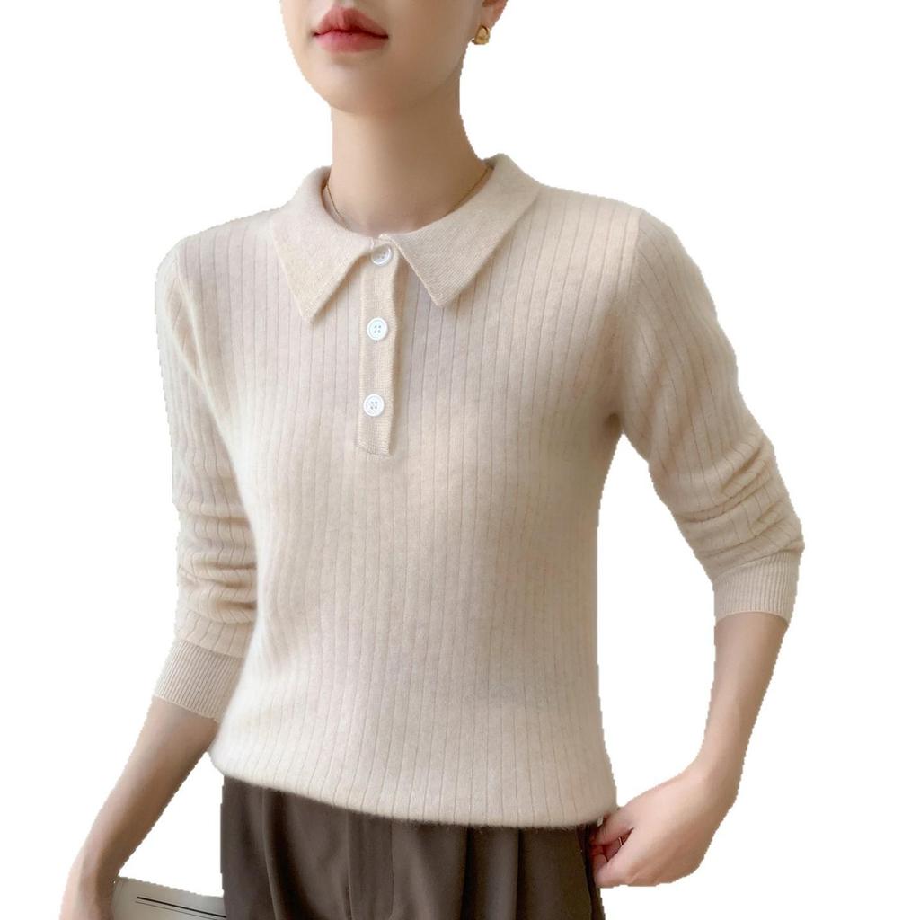 Women's Elegant Cashmere Polo Neck Sweater - Warm, Wide Ribbed Knit Base Layer for Autumn/Winter