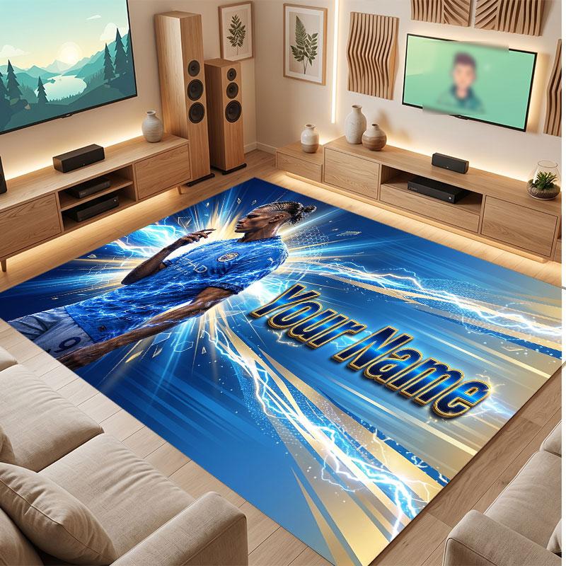 Erling Haaland Custom Crystal Velvet Rug, Personalized Name Text Print, Football Logo Soft Non‑Slip Floor Mat Home Decor Gift
