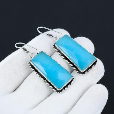 Blauer Chalcedon Ohrring, 925 Sterling Silber Ohrring Wunderschöner Edelstein Chalcedon Cabochon Ohrring Geburtstagsohrring Geschenk für Sie für Frauen