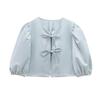 2025 Spring European & American Style Women's Satin Puff Sleeve Bow Top
