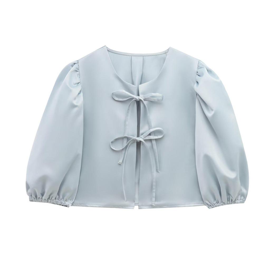 2025 Spring European & American Style Women's Satin Puff Sleeve Bow Top