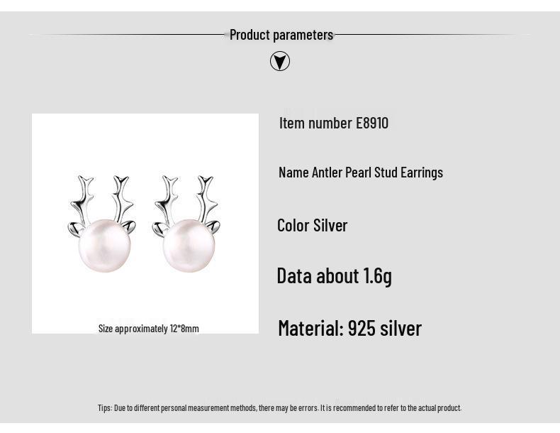 925 Sterling Silver Antler Pearl Stud Earrings - Freshwater Pearl Christmas Gift for Women