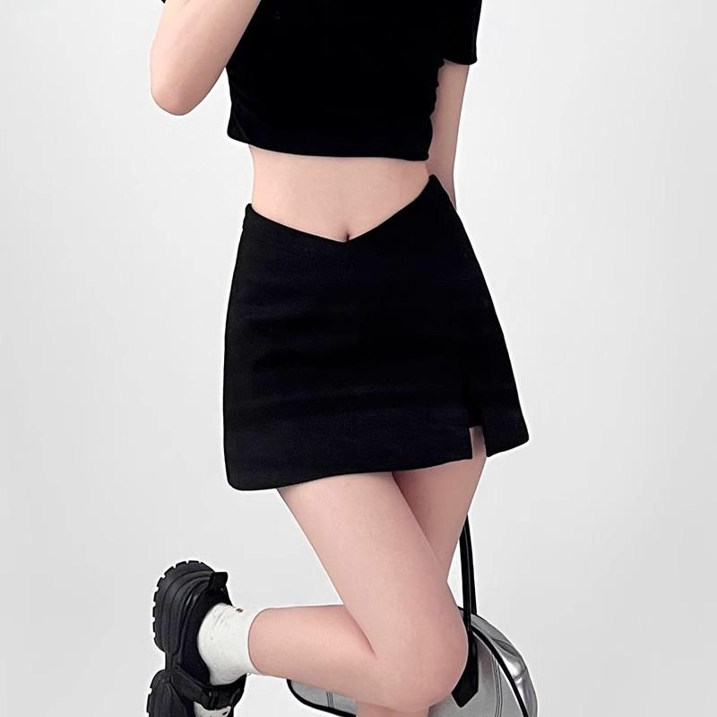 

2024 High-Waist Black Midi A-Line Slit Skirt - Slimming, Versatile, and Anti-Exposure for Women M чёрный
