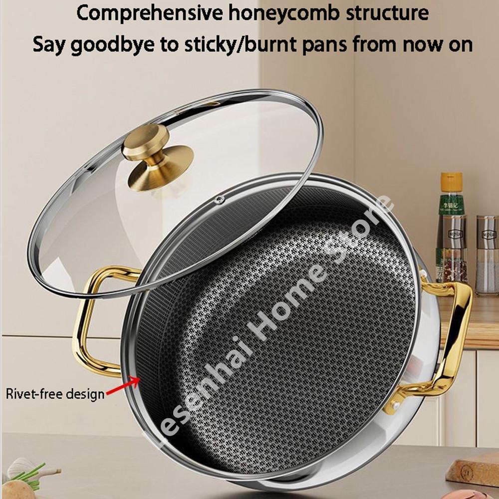 30cm Stainless Steel Soup Pot Wok Non-stick Honeycomb with lid Household Pot Frying Pan Induction Cooker Gas Stove Universal