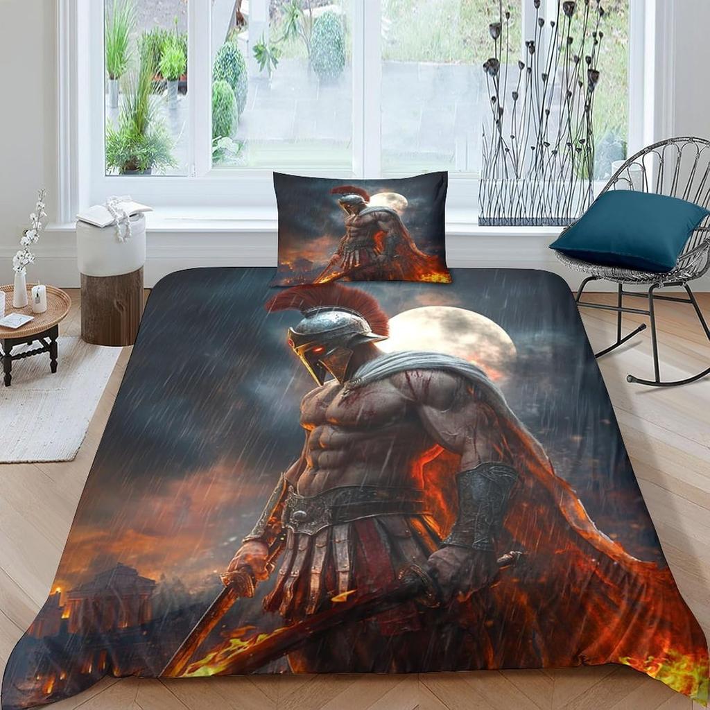 Spartan Man Duvet Cover Quilt Cover 3D Printed Gladiator For Boys Girls With Pillowcases,Microfiber Bedding Set 2 Pieces Single