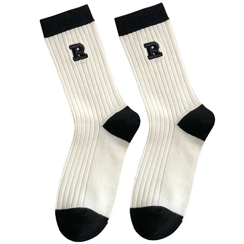 Autumn and Winter Striped Pure Cotton Socks, Summer Women's Trendy Socks, R Black and White Embroidered Academy Windblown Women's Socks