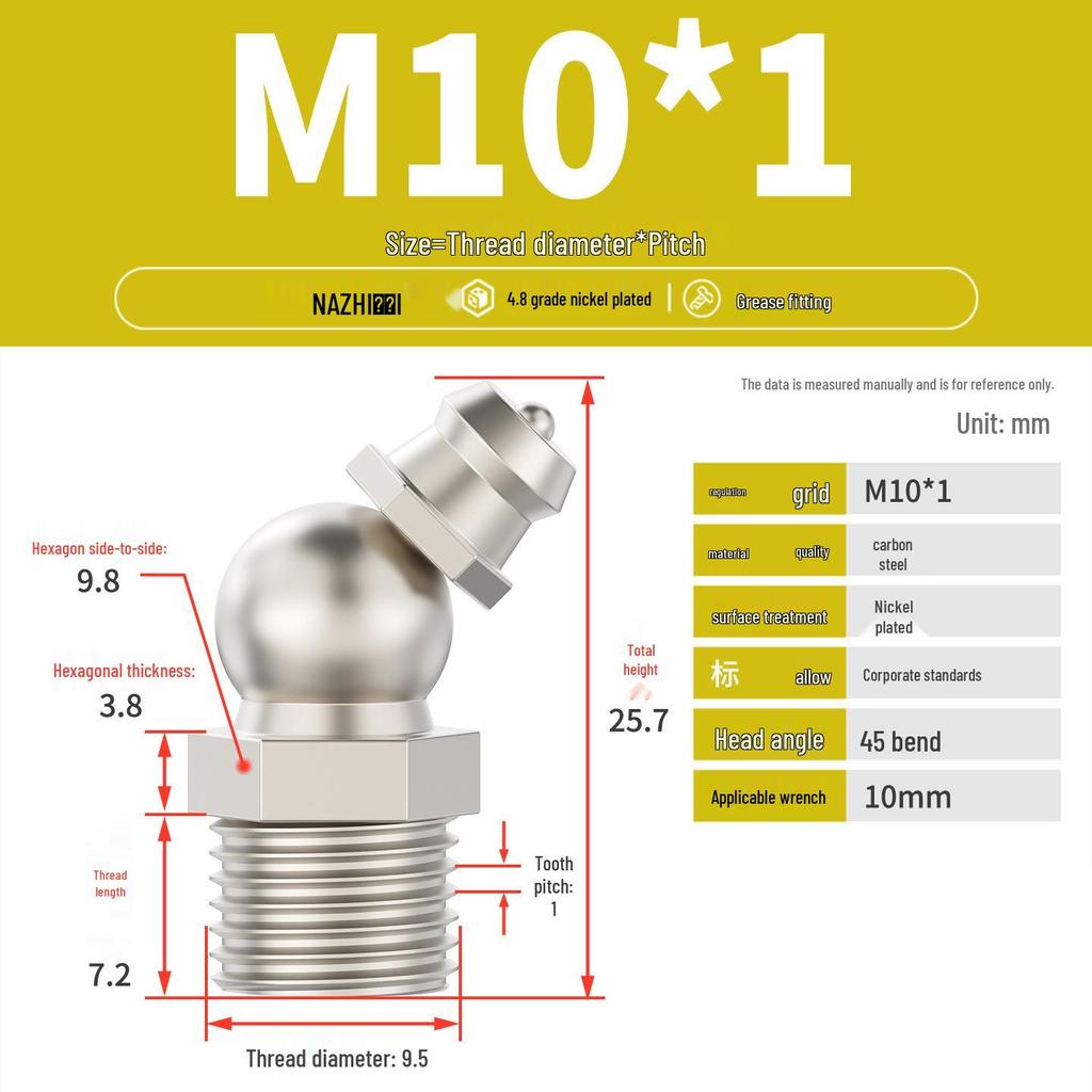 Nickel-Plated Iron Bent Grease Nipple Grease Gun Head M6-M14 G1/8
