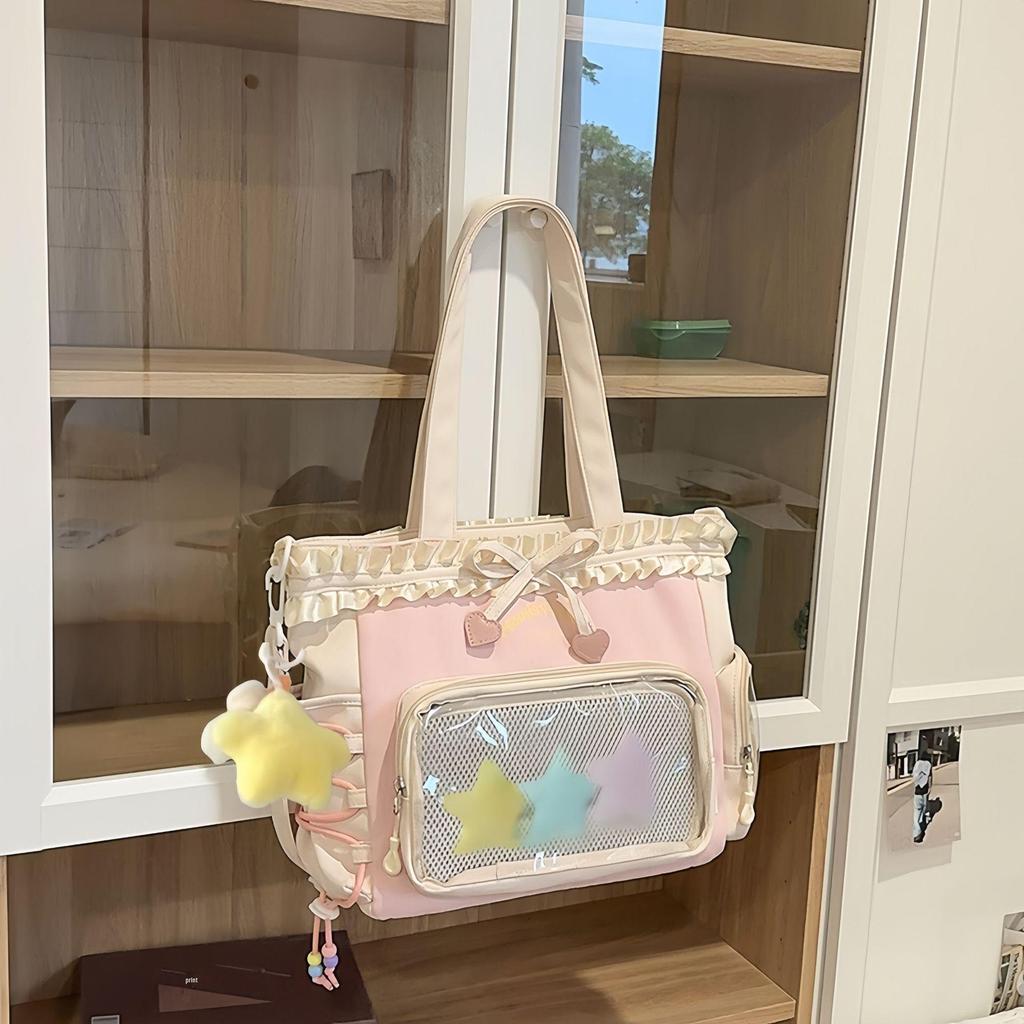 Women's Color Block College-Style Backpack with Ballet Ruffle Lace Design