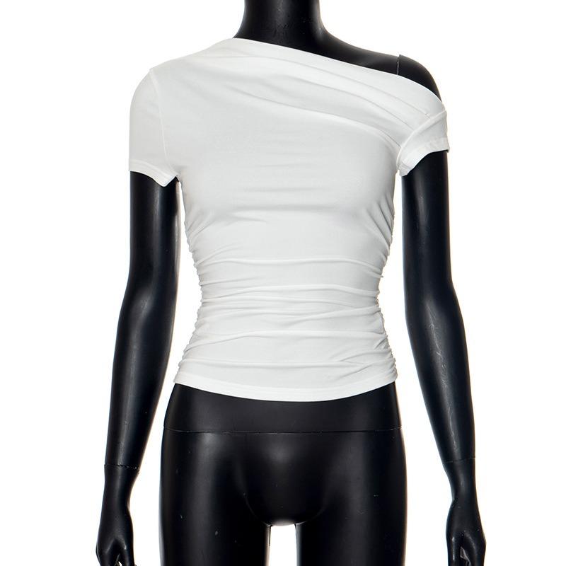 Summer Short Sleeve Slim Fit Casual Crop Tops New Slanted Shoulder Street Wear Women T-shirt Fashion Pleated T Shirt Solid Short Tees