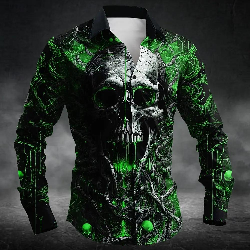 Gothic Skull Graphic Button-Up Long Sleeve Shirt, Fashion Essential