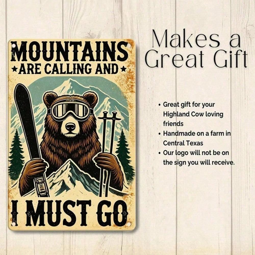 1PC Vintage Bear Hiking Tin Sign, The Mountains Are Calling Retro Outdoor Wildlife Metal Plaque, Sturdy Cabin Wall Decor