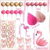 31pcs Flamingo Cake Topper Pink Butterfly Cake Decoration Hawaiian Beach Theme Cake Topper for Wedding Birthday Party Supplies