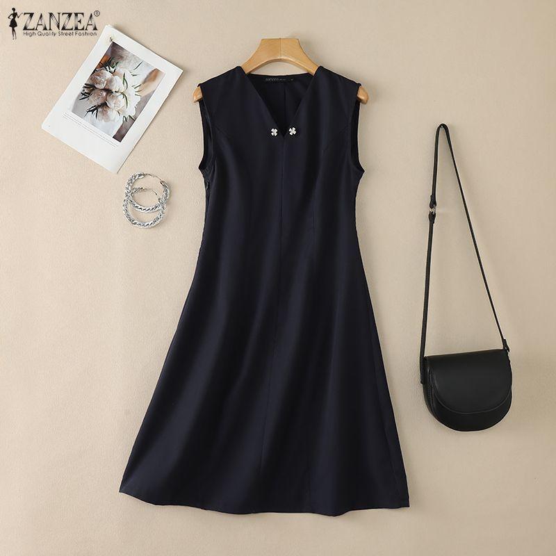 ZANZEA Women Summer V-Neck Solid Color Casual Sleeveless Dress