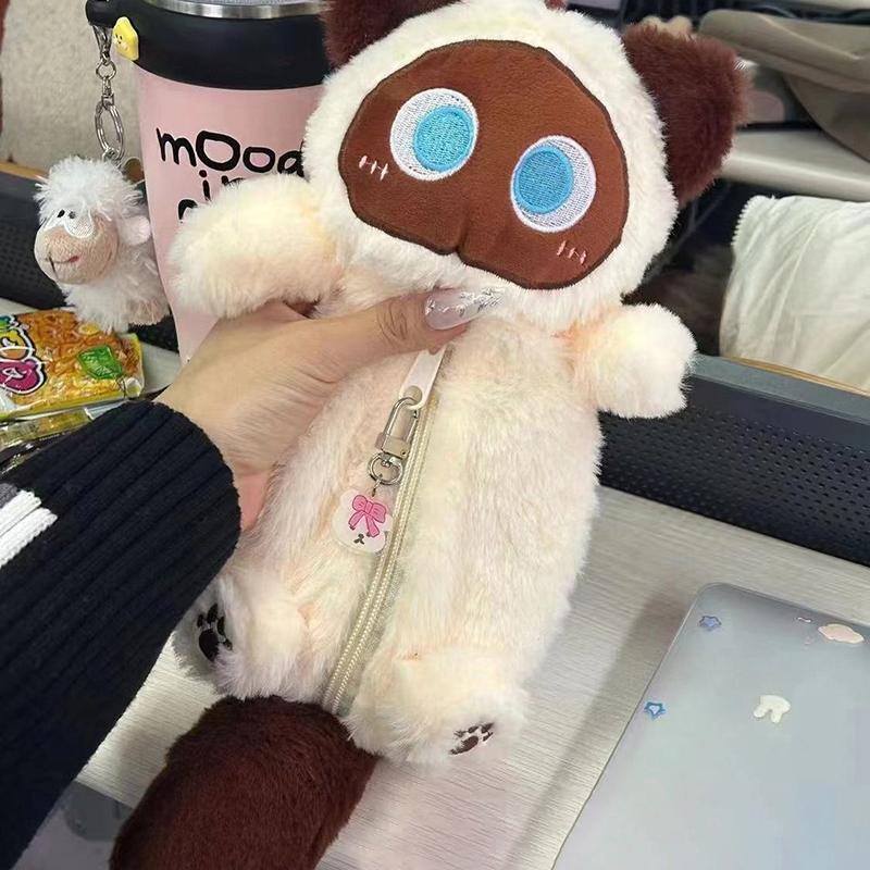 1Pc Large Capacity Cartoon Doll Cat Pencil Bag Siamese Cat Plush Pencil Case Stuffed Animal Pen Storage Bag Stationery Bag