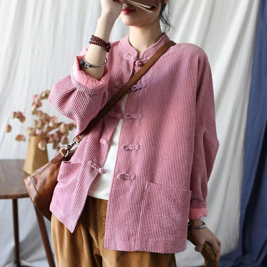 Johnature Dámské Vintage Stojáčkové Bundy Stojáčkové Dlouhý Rukáv Podzimní Kabáty Knoflík Jednobarevné Patchwork Kapsy Bundy