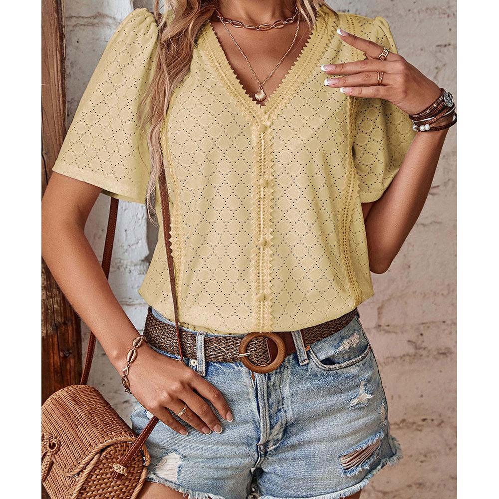 Dressy Summer Eyelet Tops for Women Short Sleeve Lace V Neck Tunic Blouse Loose Button Up Casual Tee Shirts