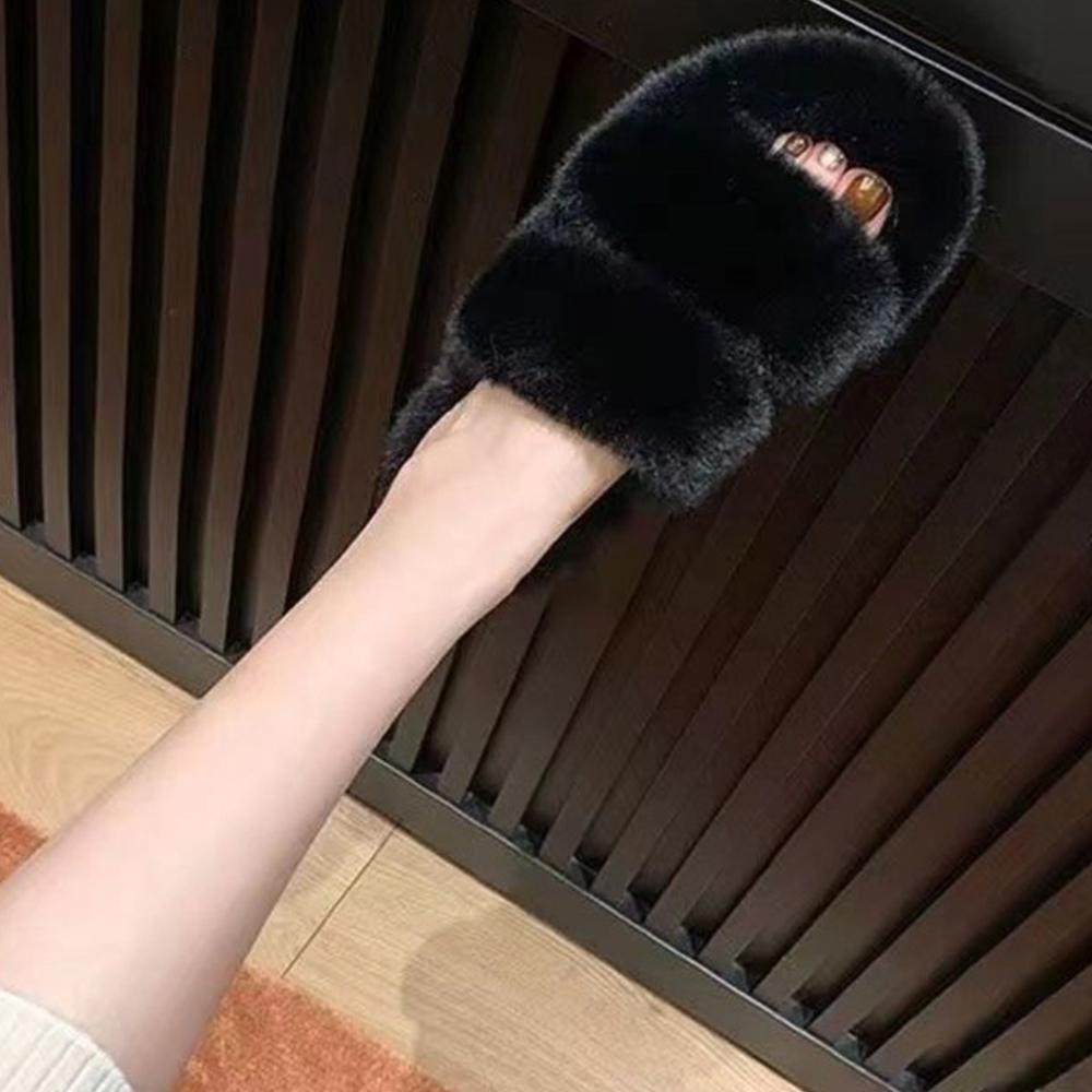 Damen Weiche Plüsch Doppelriemen Hausschuhe Fell Gemütliche Winter Pantoletten