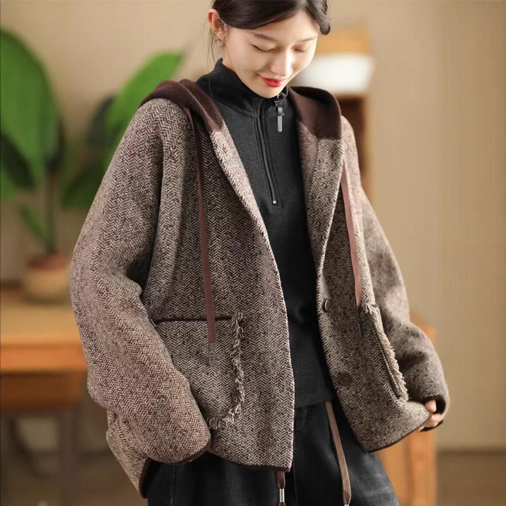 Mom's New Autumn and Winter Double-sided Loose and Fashionable Woolen Coat, Western Style Casual Hooded Cardigan Coat
