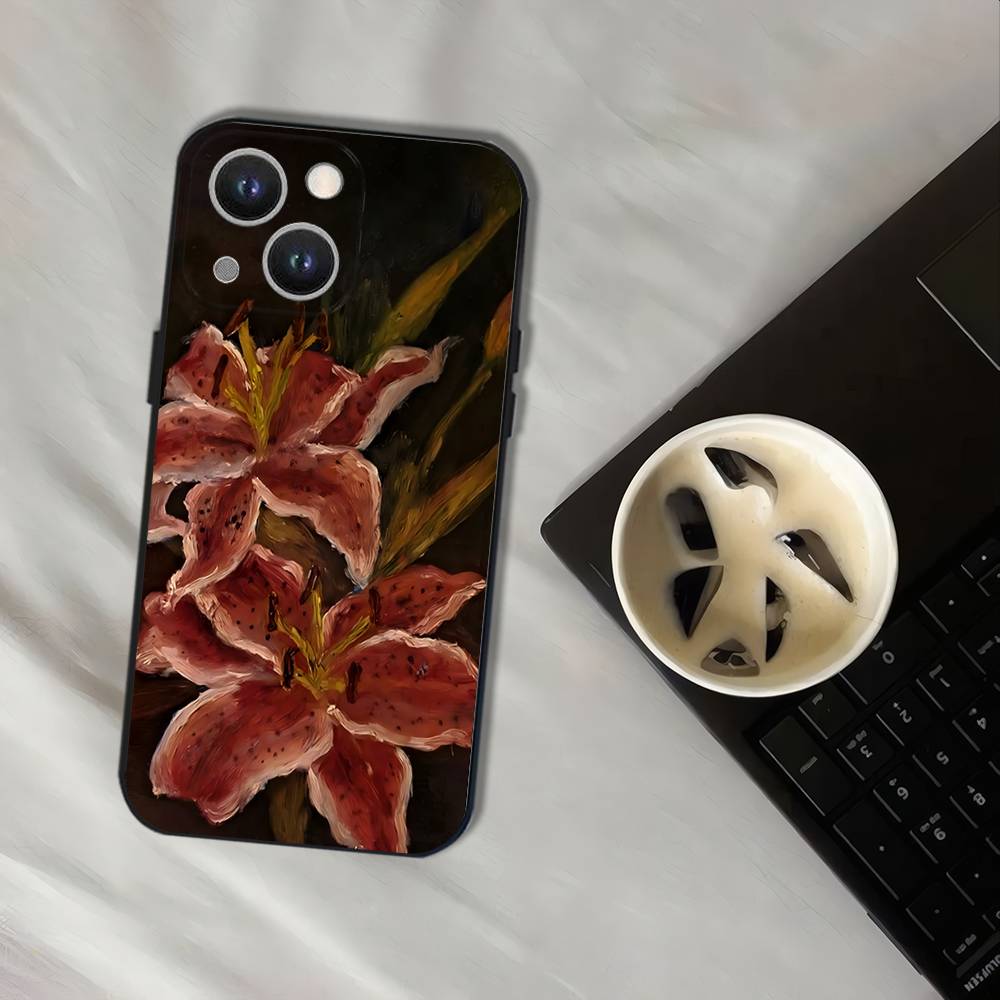 Oil Painting Lily Flower Retro Pattern Phone Case For iPhone 17,16,15,14,13,12,11,Pro,XS,Max,XR,Plus,E,SE4,Mini Black Soft Cover