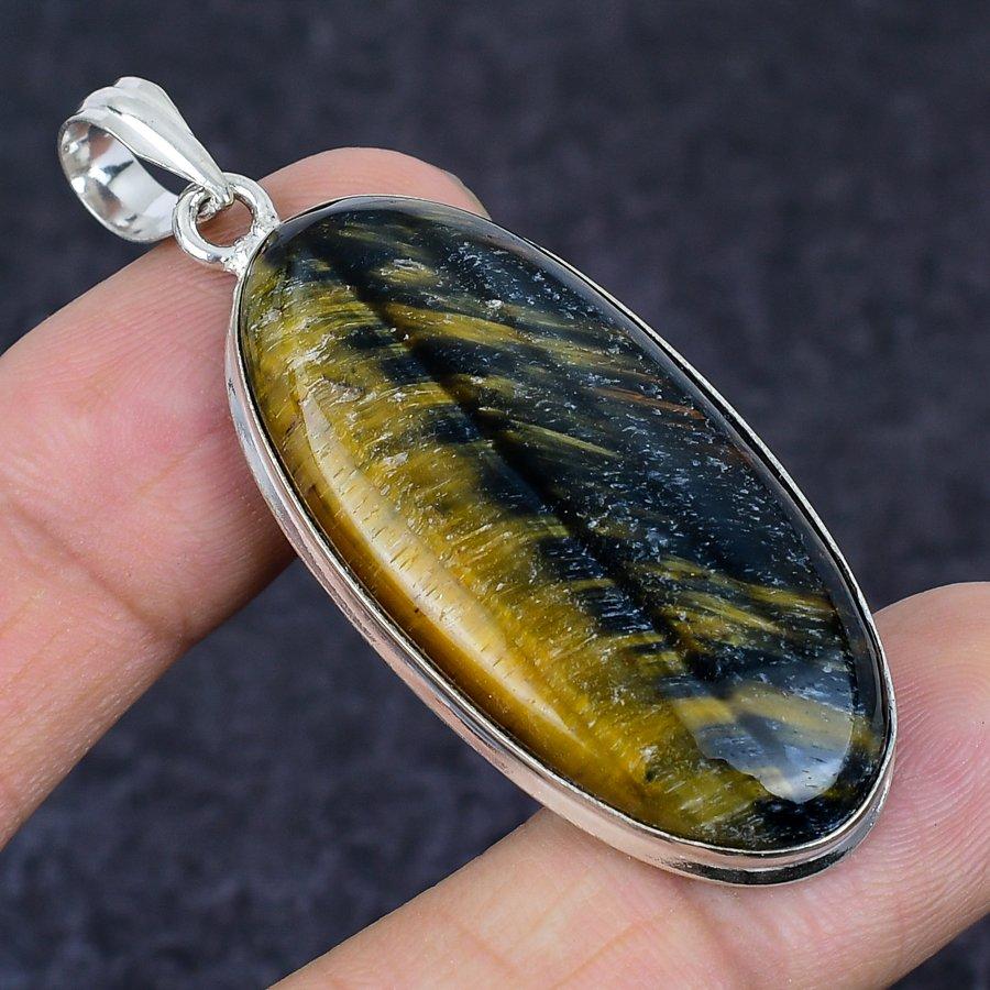 Tiger Eye Gemstone Handmade 925 Sterling Silver Jewelry Pendant 2.36" D4L19