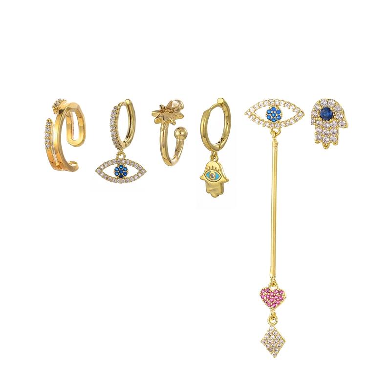 

ANENJERY серьги-подвески с цирконами и глазами в форме сердца, женские креативные серьги из 6 предметов, комплект ювелирных изделий золотой