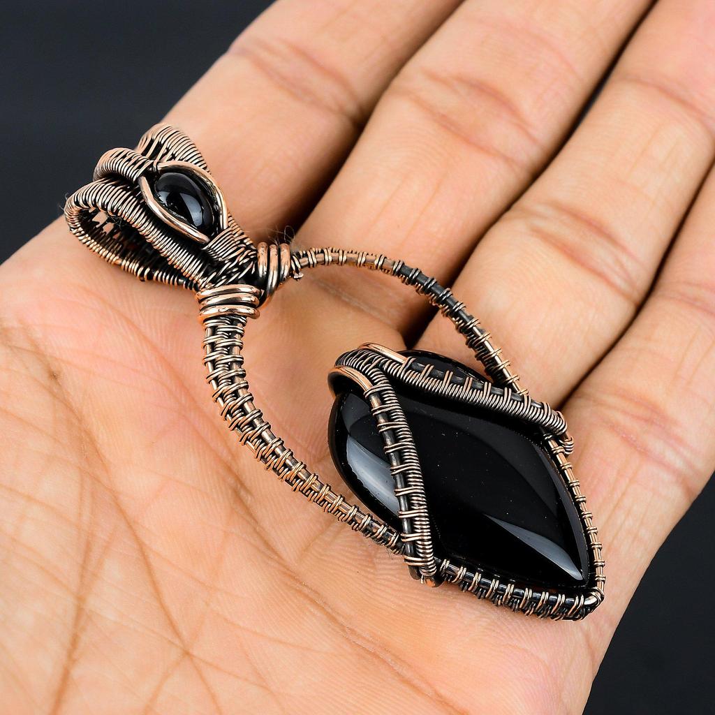 Black onyx Pendant, 999 Copper Wire Wrapped Gemstone Jewelry, Handmade Pendant, For Mother Day
