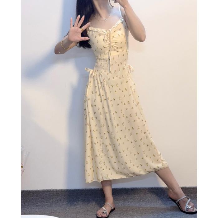Women's Summer New Atmosphere Commuting Temperament Long Skirt French Yellow Floral Skirt Small Suspender Dress