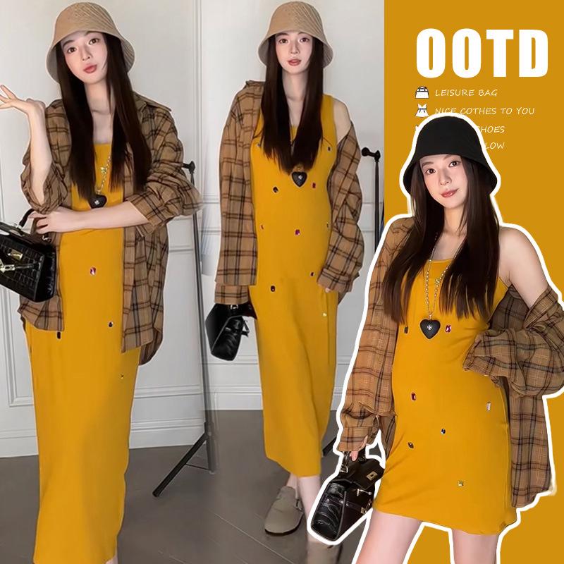 Spring 2026 Korean Style Maternity Vest Dress & Plaid Shirt Set Medium