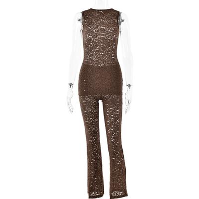 Women's Round Neck Sleeveless Lace Two Piece Outfit Slim See Through Flare Pants Casual Set