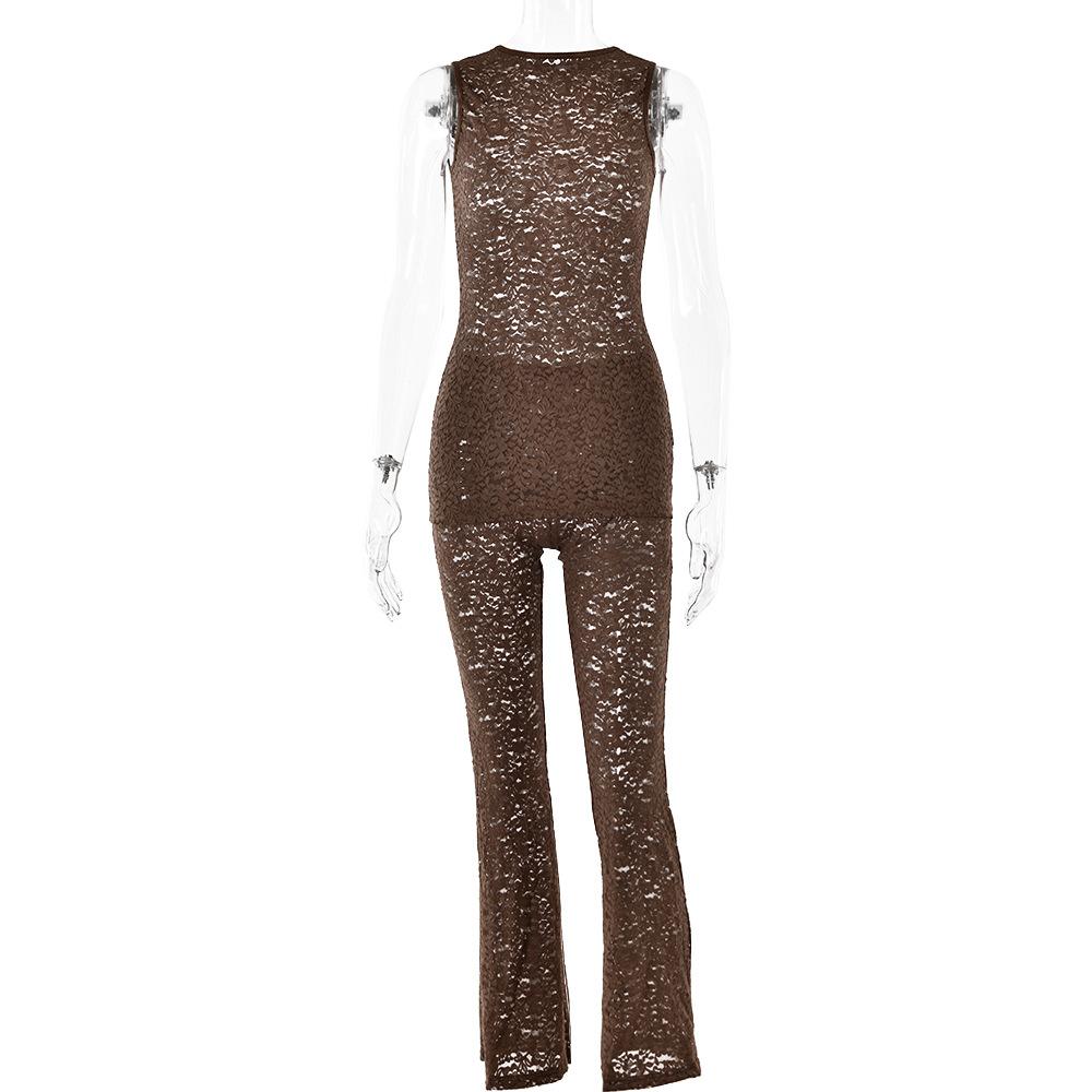 

New hot-selling lace two-piece set, sexy Spice Girl crew neck sleeveless top slim-fitting trousers set L коричневий