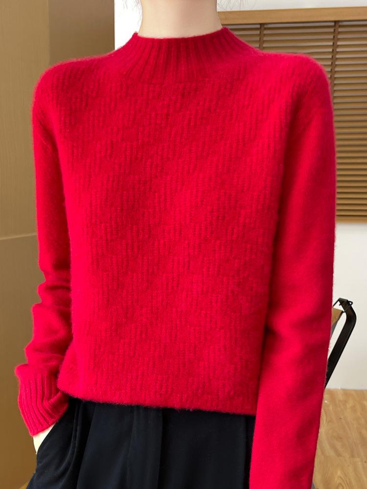 Women's Pure Wool Thickened Half-High Collar Sweater - Loose, Slimming Long Sleeve Warm Pullover