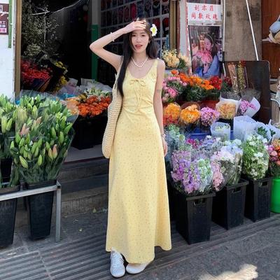 French Floral Bow Lace-up Dress Women's New Summer Temperament Slim and Thin Chic Long Skirt