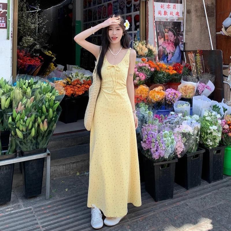 French Floral Bow Lace-up Dress Women's New Summer Temperament Slim and Thin Chic Long Skirt