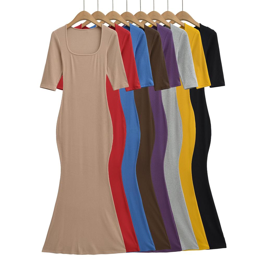 Spicy Girl Slim-Fit Trapezoid Neck Mid-Sleeve Fishtail Dress - Waist-Cinching, Figure-Flattering Skirt