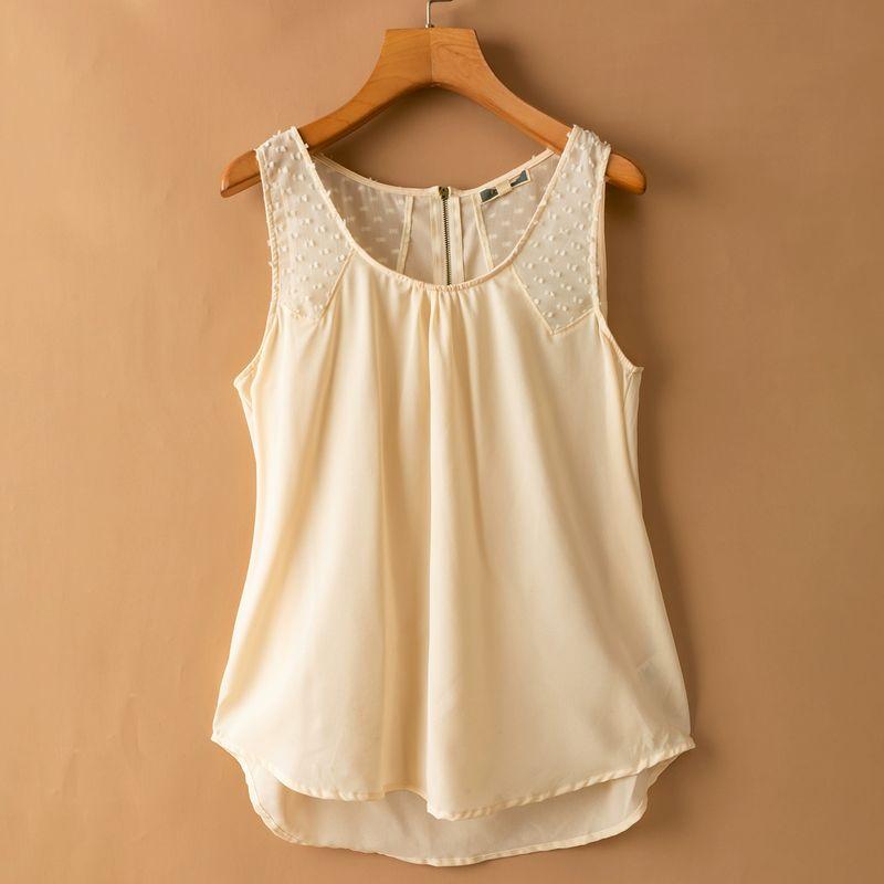 

Летняя мода Кружевная вставка Жилеты Топы Однотонный круглый вырез Свободный Облегающий Верхняя одежда Внутренний слой Без рукавов Футболка на молнии Beige S