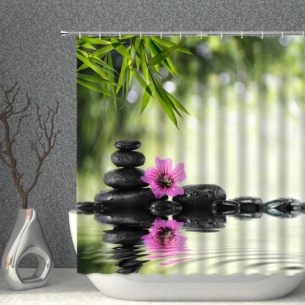 Zen Stone Shower Curtains Green Plant Bamboo Flower Candle Bath Decor Printed Polyester Fabric Home Decoration Bathroom Curtain