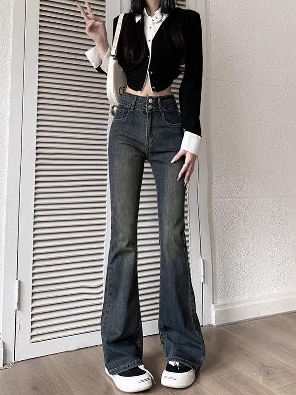 Högmidjade Flare Skinny Jeans i Storlek för Kvinnor - 2025 Sommar Smalande Vida Ben Golvlånga Byxor